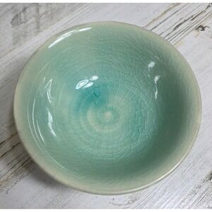 Turquoise Celadon Crackle Glaze Footed Tea Bowl Pedestal Dessert Dish Small EUC